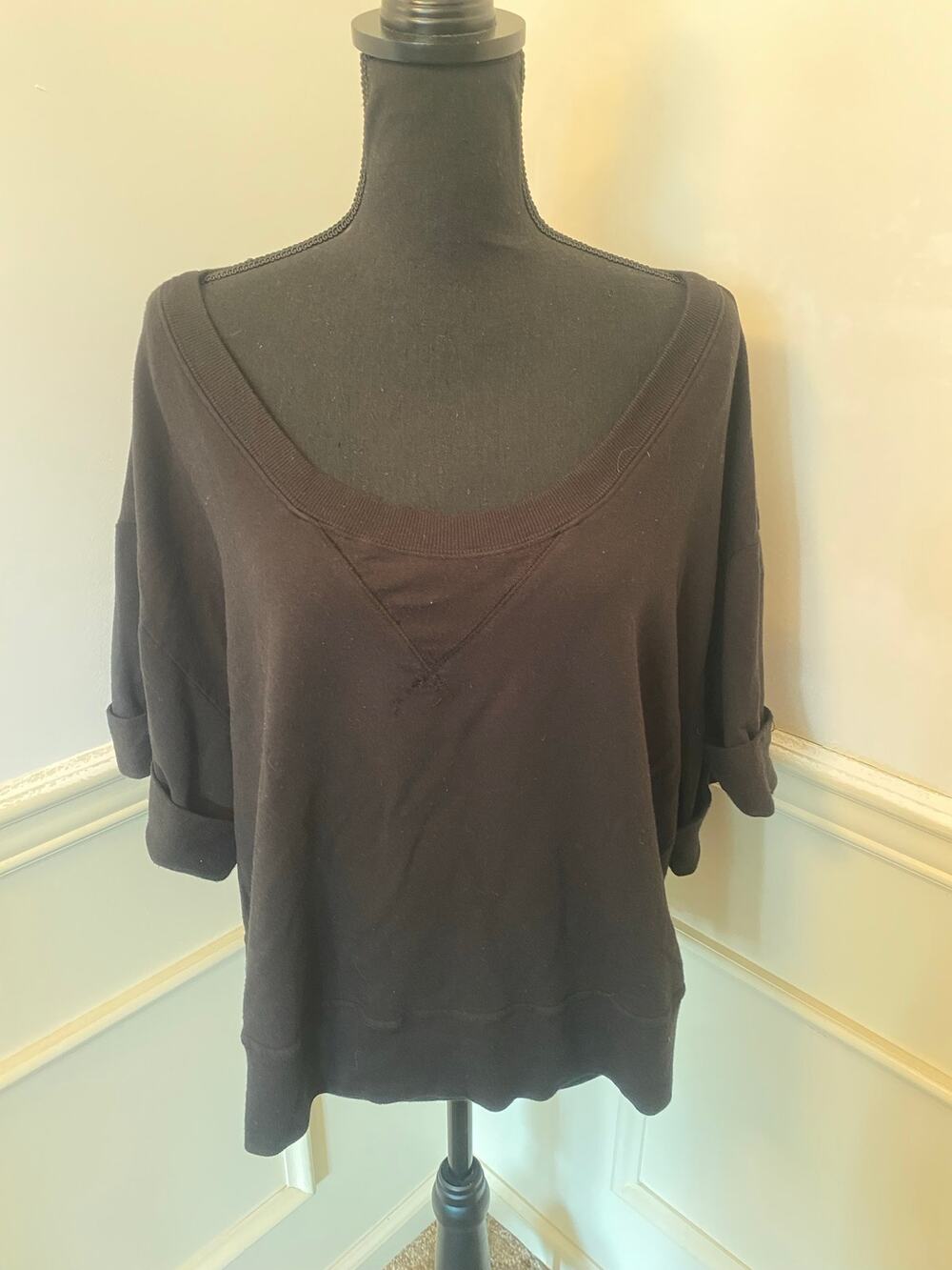 Aiko Oversized Short Dolman Rolled Sleeve Sweatshirt Top Wide Scoop Neck